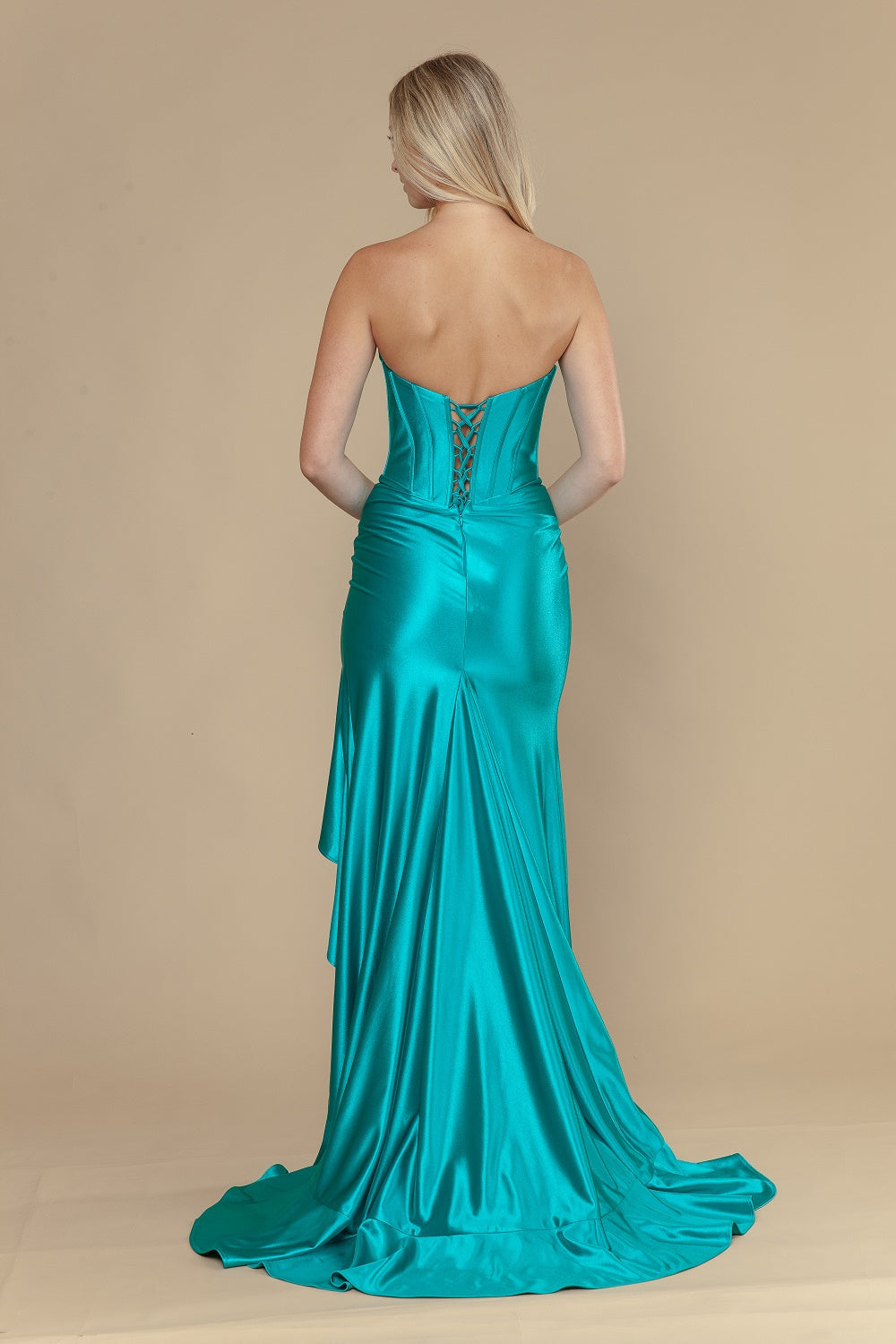Satin Strapless Ruffled Slit Gown by Poly USA 25048