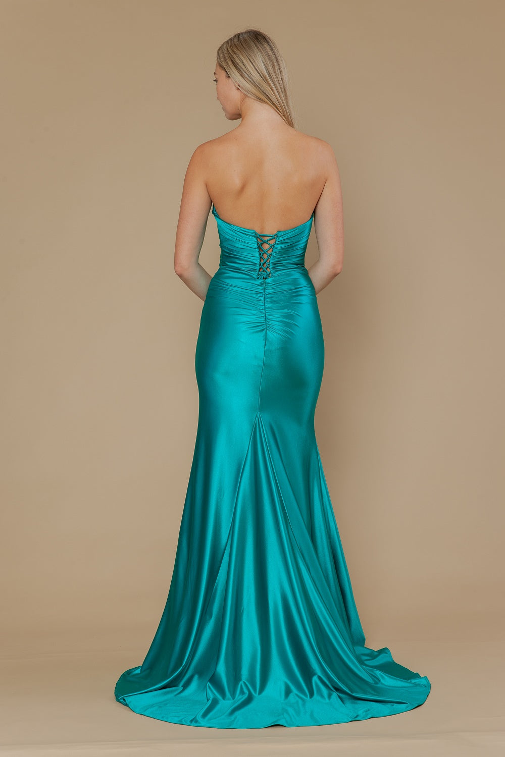 Satin Fitted Strapless Slit Gown by Poly USA 25050