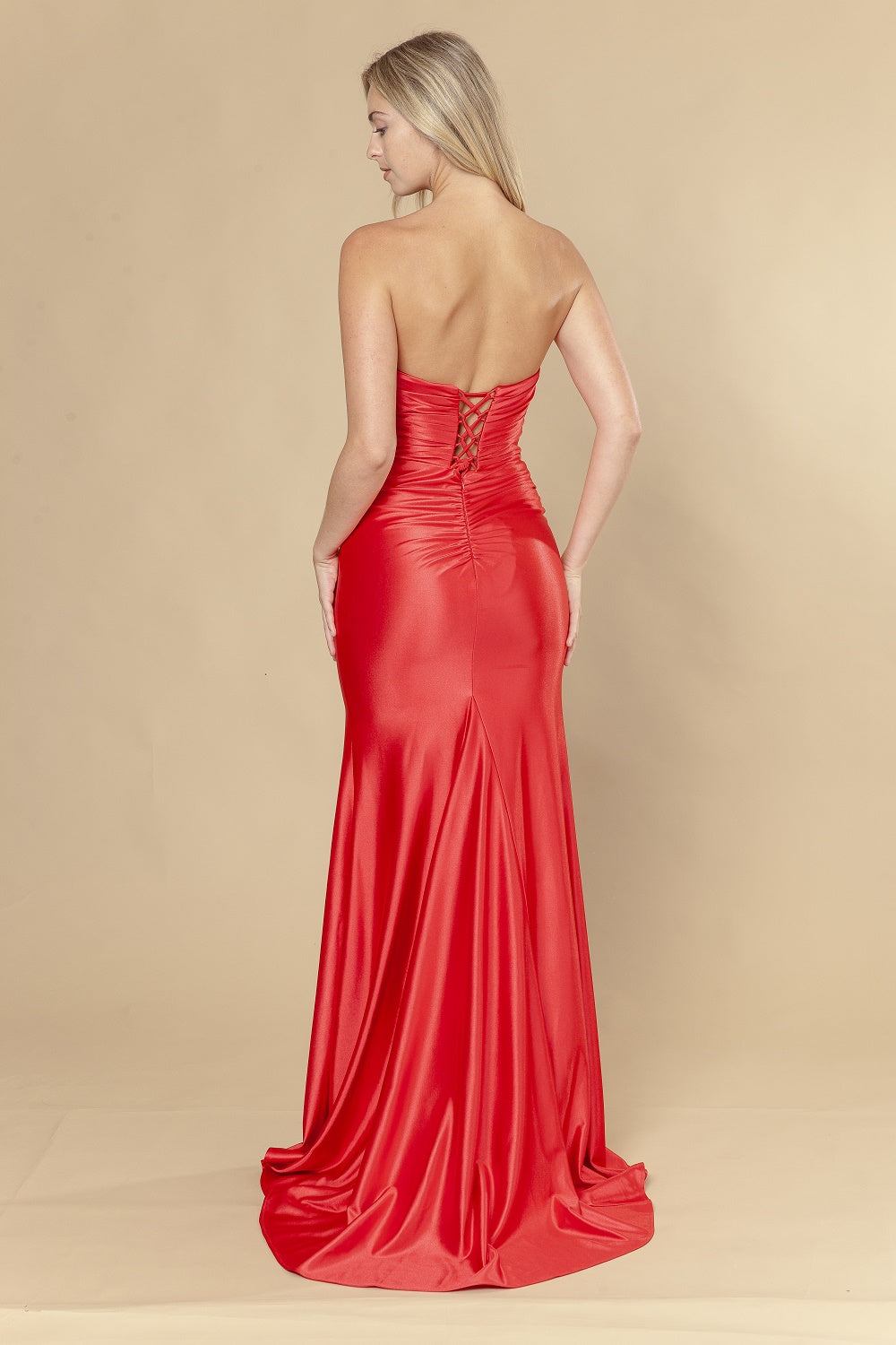 Satin Fitted Strapless Slit Gown by Poly USA 25050