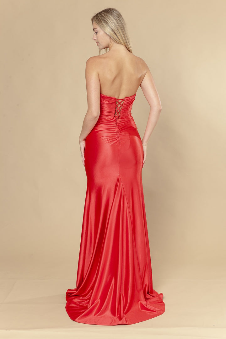 Satin Fitted Strapless Slit Gown by Poly USA 25050