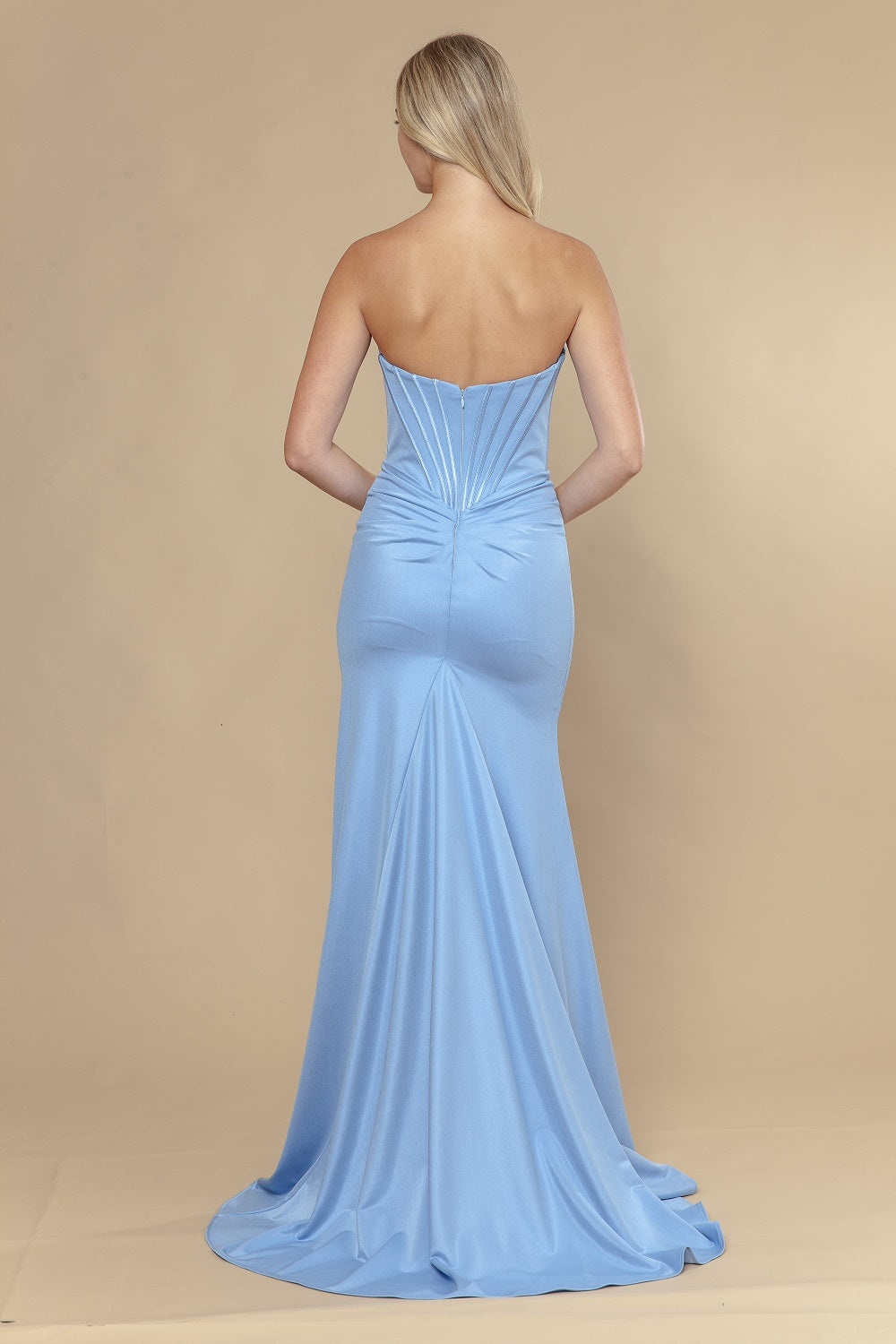 Applique Satin Strapless Slit Gown by Poly USA 25054