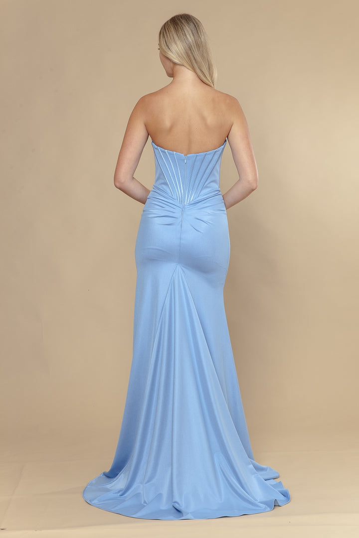 Applique Satin Strapless Slit Gown by Poly USA 25054