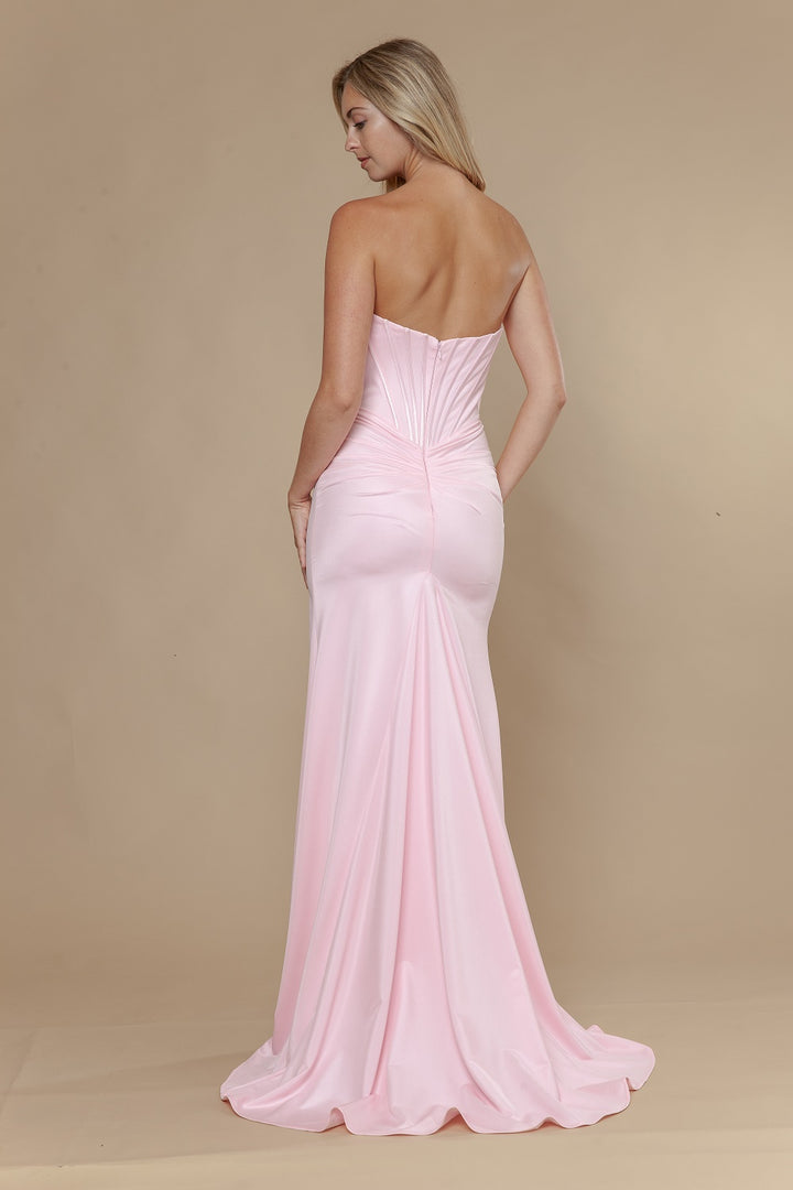 Applique Satin Strapless Slit Gown by Poly USA 25054