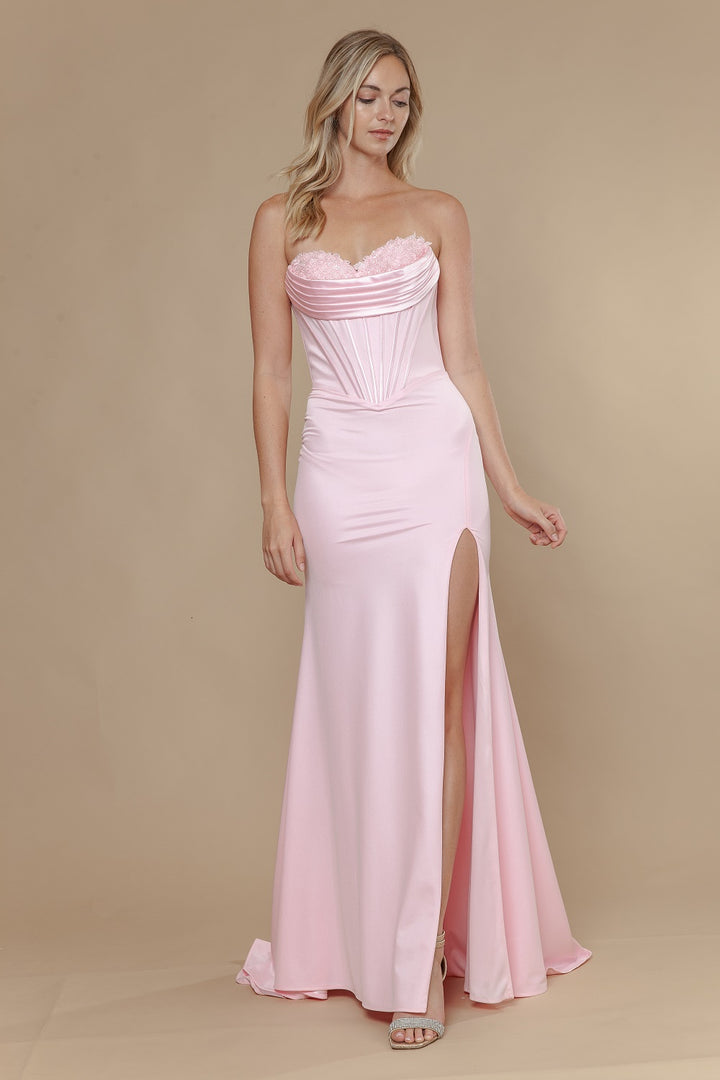 Applique Satin Strapless Slit Gown by Poly USA 25054