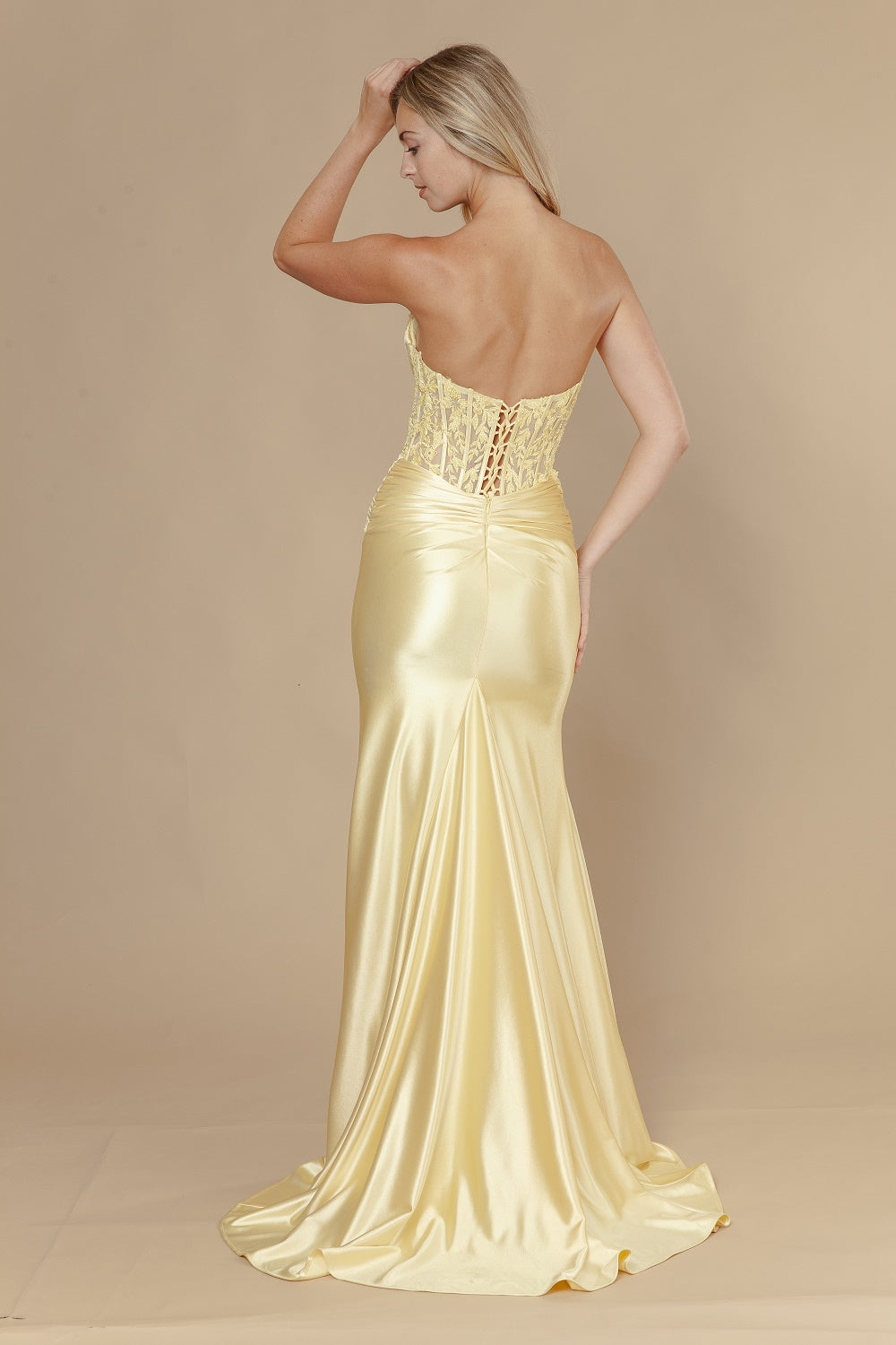 Applique Satin Strapless Slit Gown by Poly USA 25056
