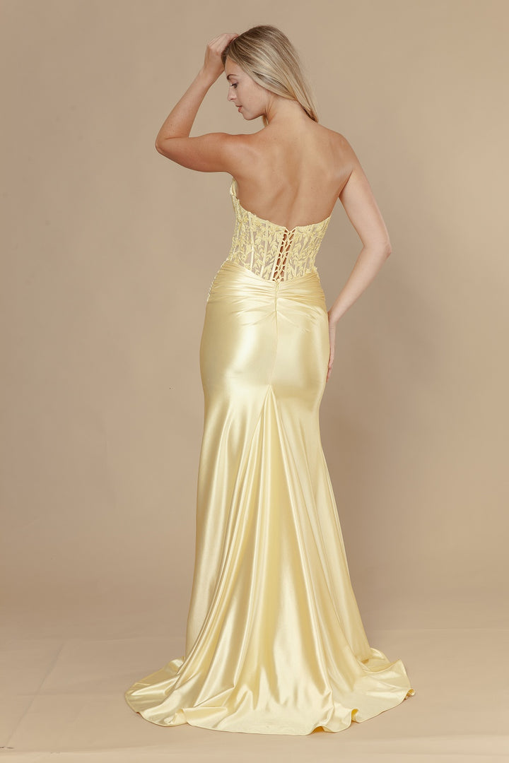 Applique Satin Strapless Slit Gown by Poly USA 25056