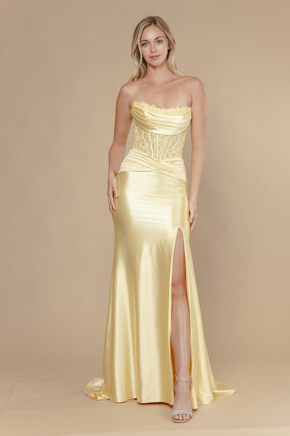 Applique Satin Strapless Slit Gown by Poly USA 25056