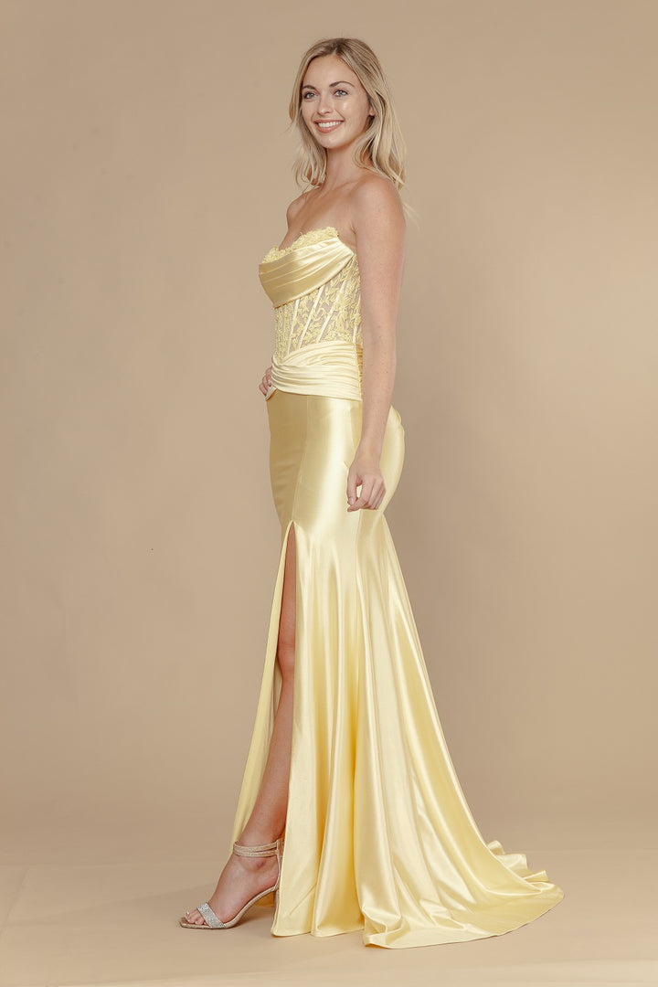 Applique Satin Strapless Slit Gown by Poly USA 25056