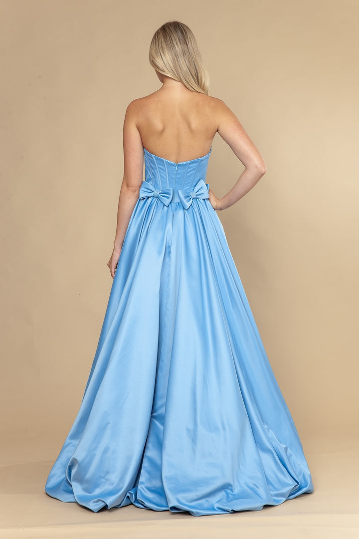 Satin Strapless A-line Bow Gown by Poly USA 25058