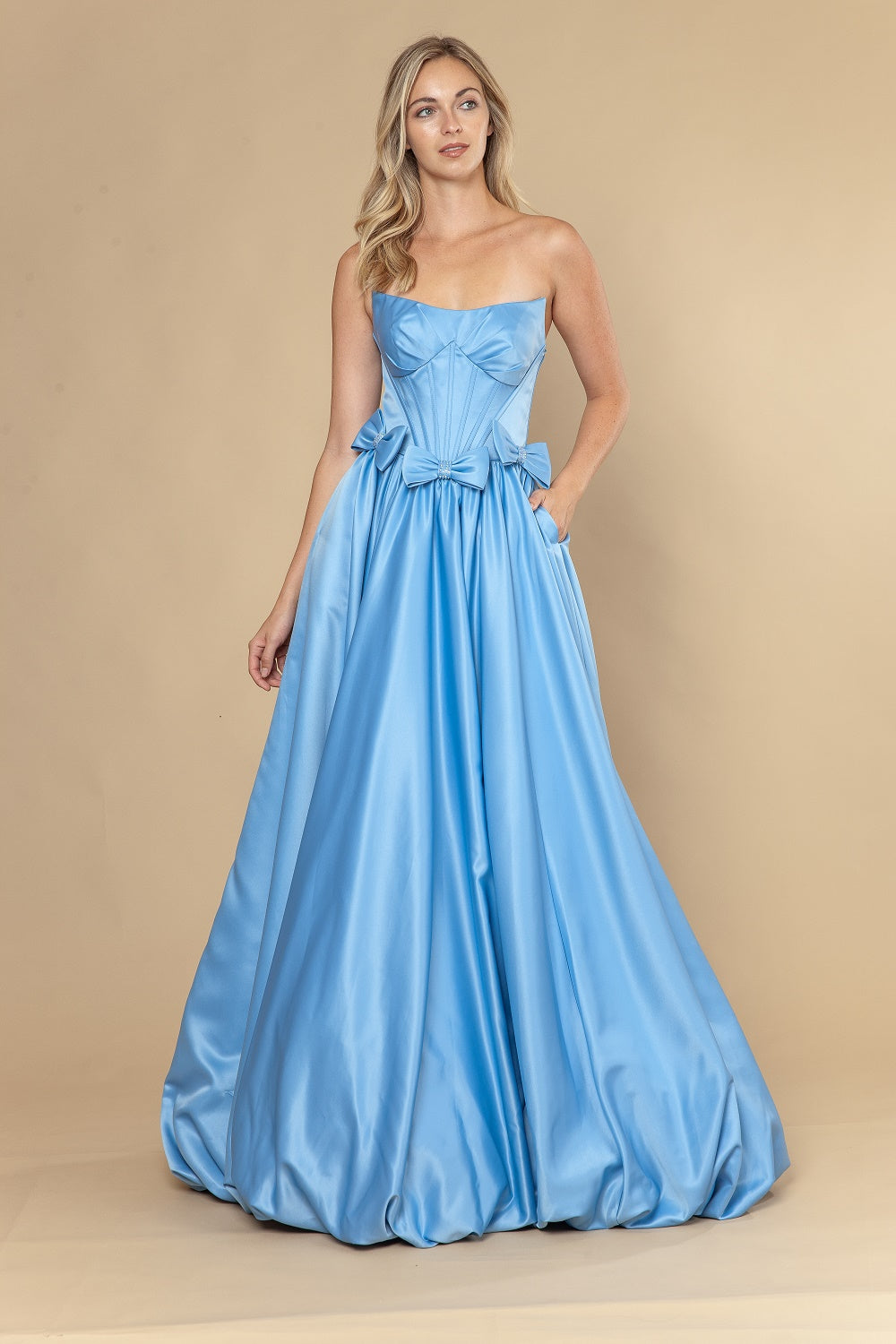 Satin Strapless A-line Bow Gown by Poly USA 25058
