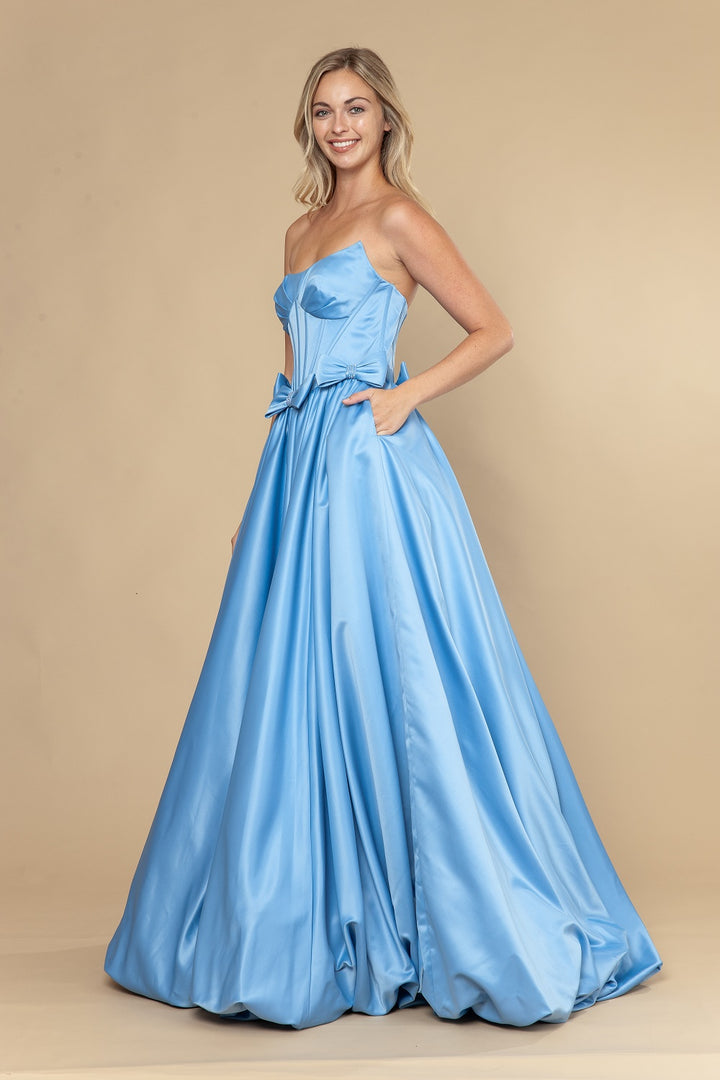 Satin Strapless A-line Bow Gown by Poly USA 25058