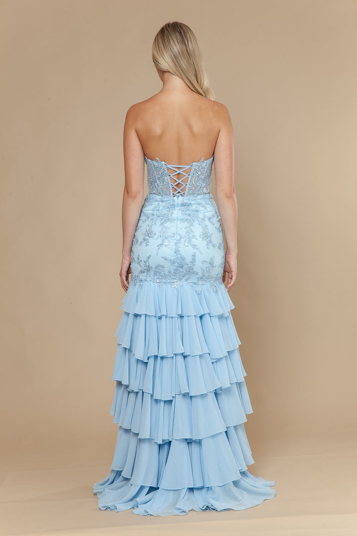 Chiffon Strapless Tiered Slit Gown by Poly USA 25066