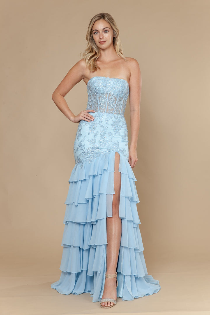 Chiffon Strapless Tiered Slit Gown by Poly USA 25066