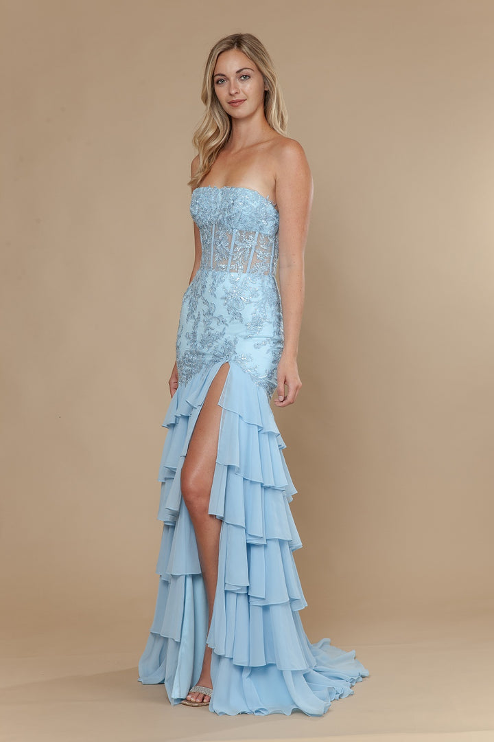 Chiffon Strapless Tiered Slit Gown by Poly USA 25066