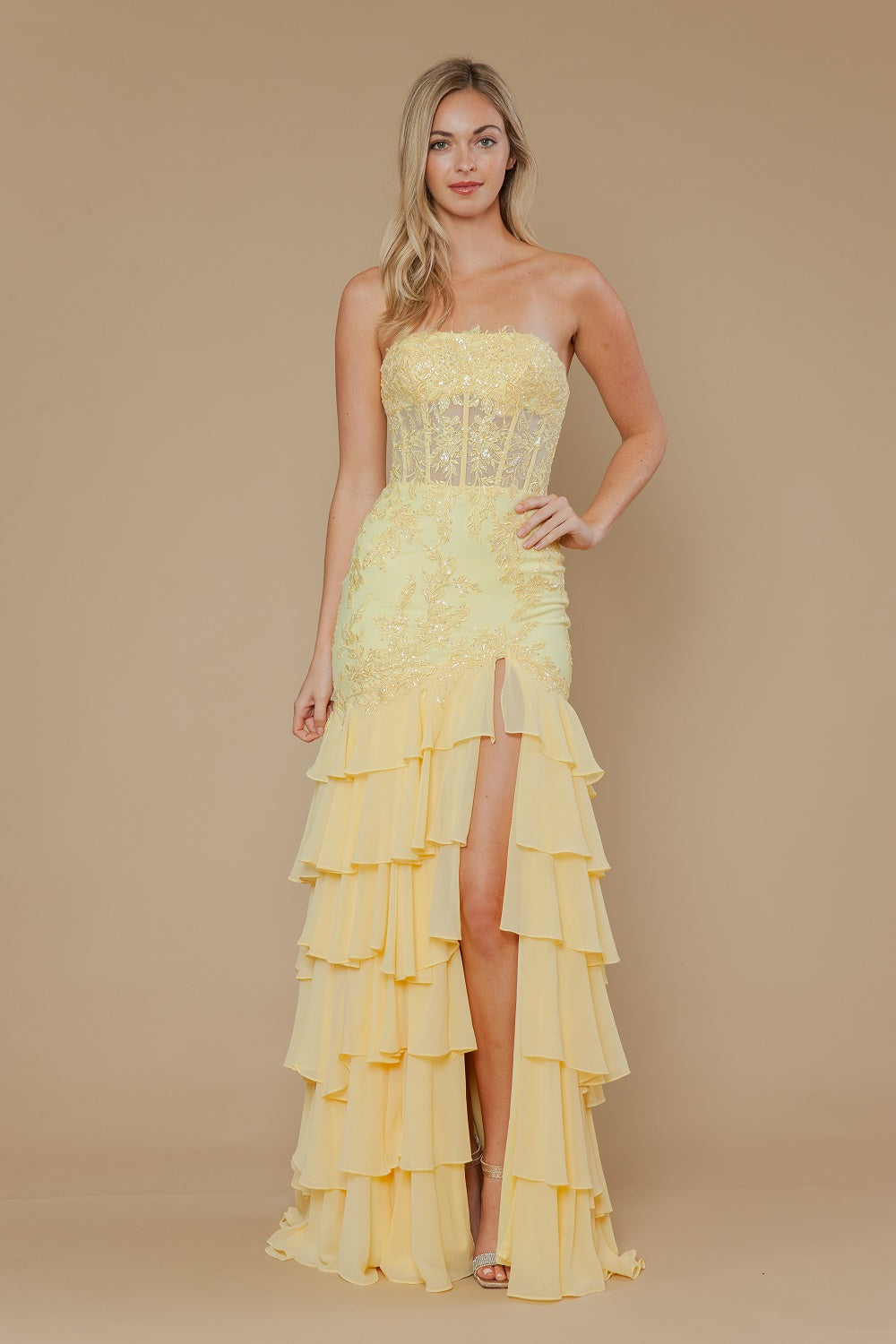 Chiffon Strapless Tiered Slit Gown by Poly USA 25066