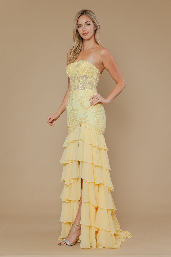 Chiffon Strapless Tiered Slit Gown by Poly USA 25066