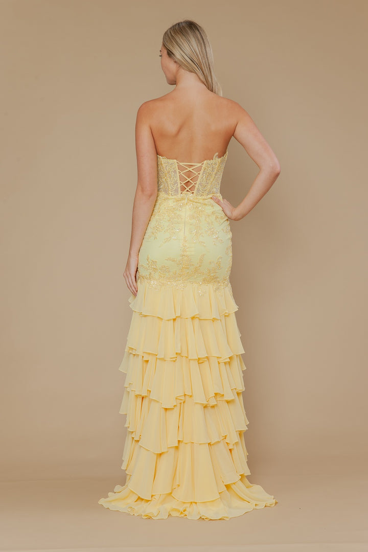 Chiffon Strapless Tiered Slit Gown by Poly USA 25066