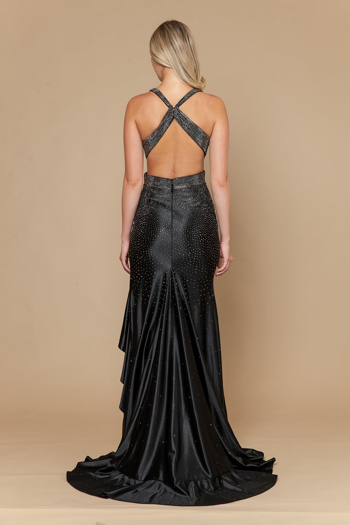 Beaded V-Neck Ruffled Slit Gown by Poly USA 25070