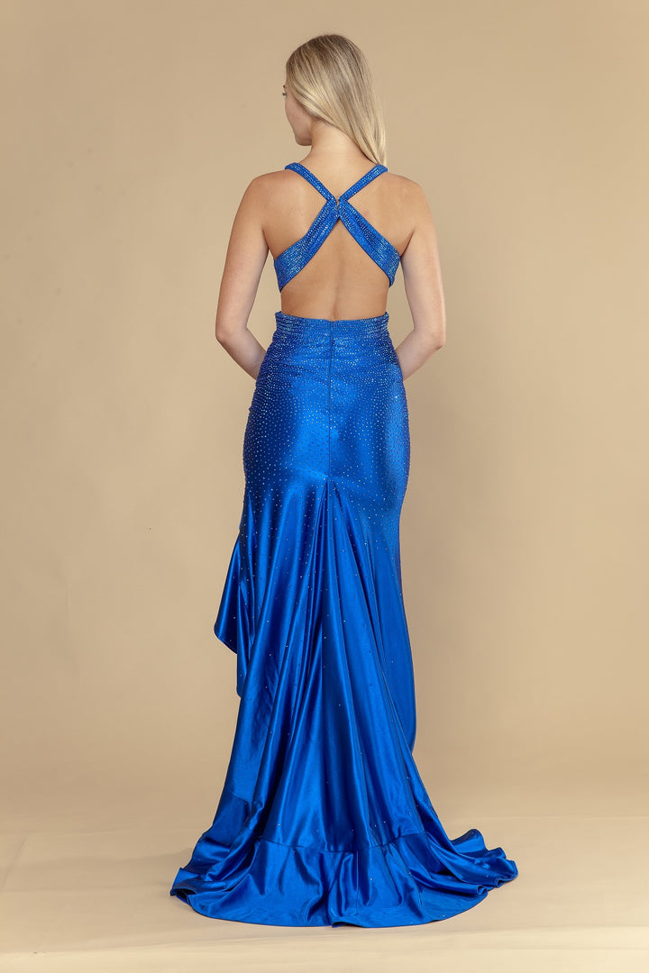 Beaded V-Neck Ruffled Slit Gown by Poly USA 25070