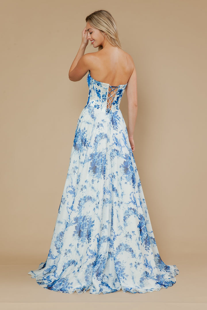 Print Strapless A-line Slit Gown by Poly USA 25080