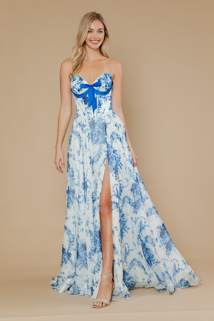 Print Strapless A-line Slit Gown by Poly USA 25080