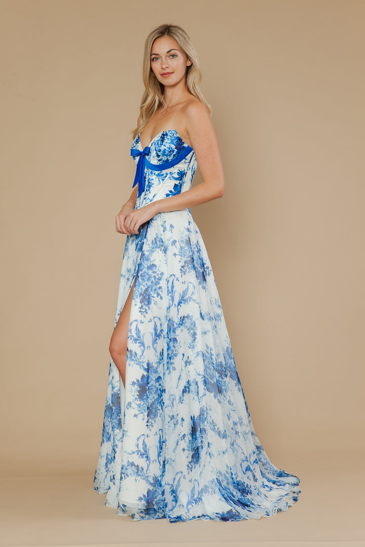 Print Strapless A-line Slit Gown by Poly USA 25080