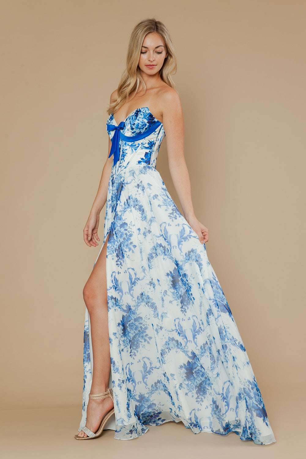 Print Strapless A-line Slit Gown by Poly USA 25080