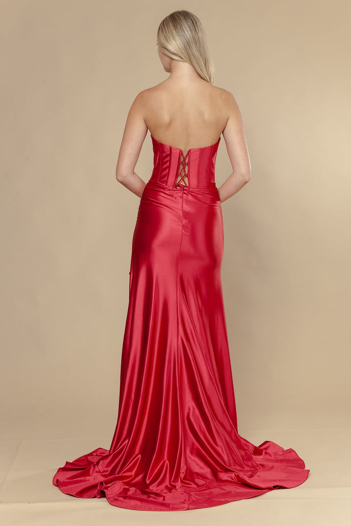 Satin Strapless Ruffled Slit Gown by Poly USA 25106