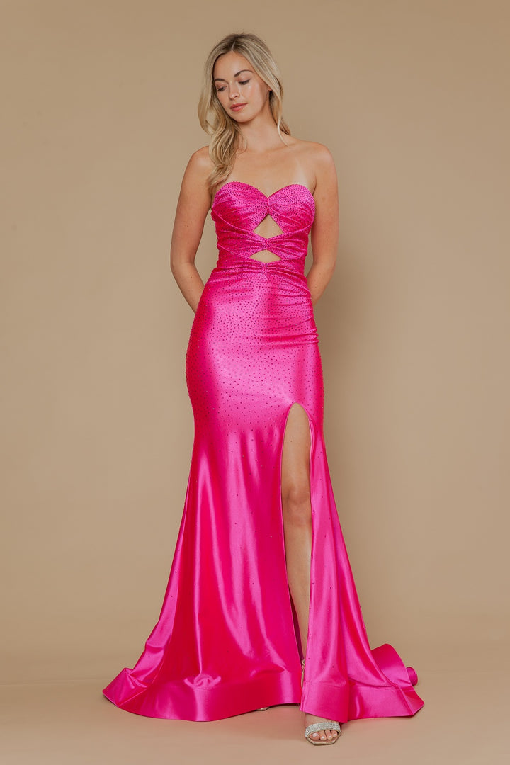 Beaded Satin Strapless Slit Gown by Poly USA 25118