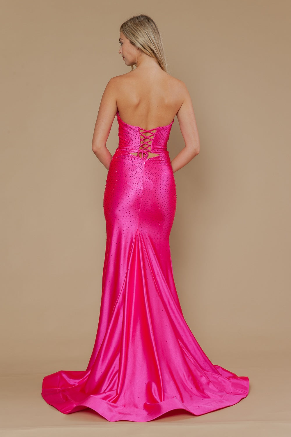 Beaded Satin Strapless Slit Gown by Poly USA 25118