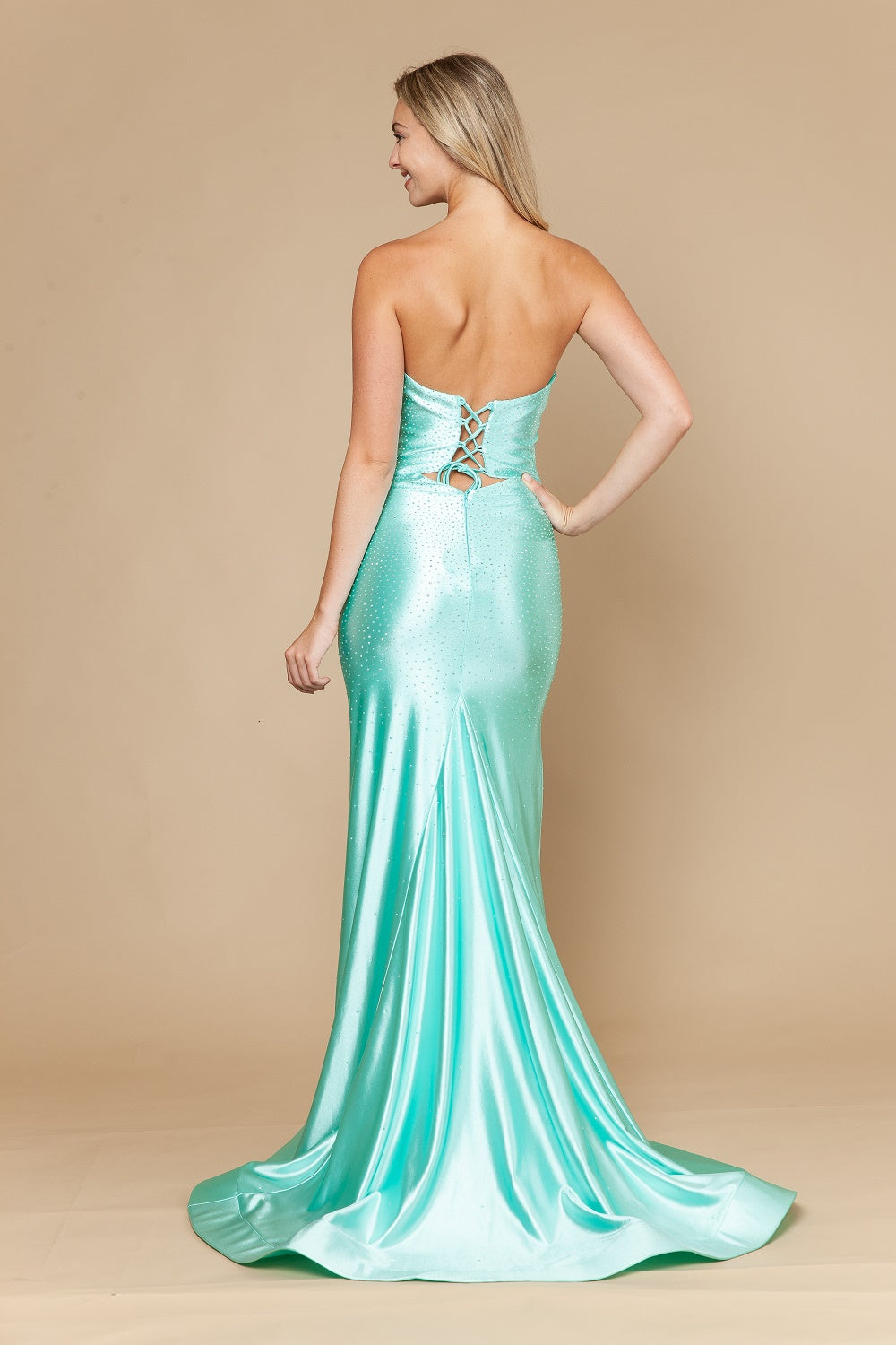 Beaded Satin Strapless Slit Gown by Poly USA 25118