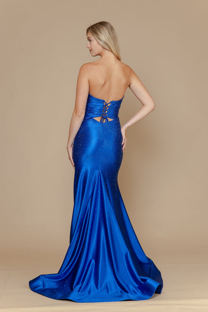 Beaded Satin Strapless Slit Gown by Poly USA 25118