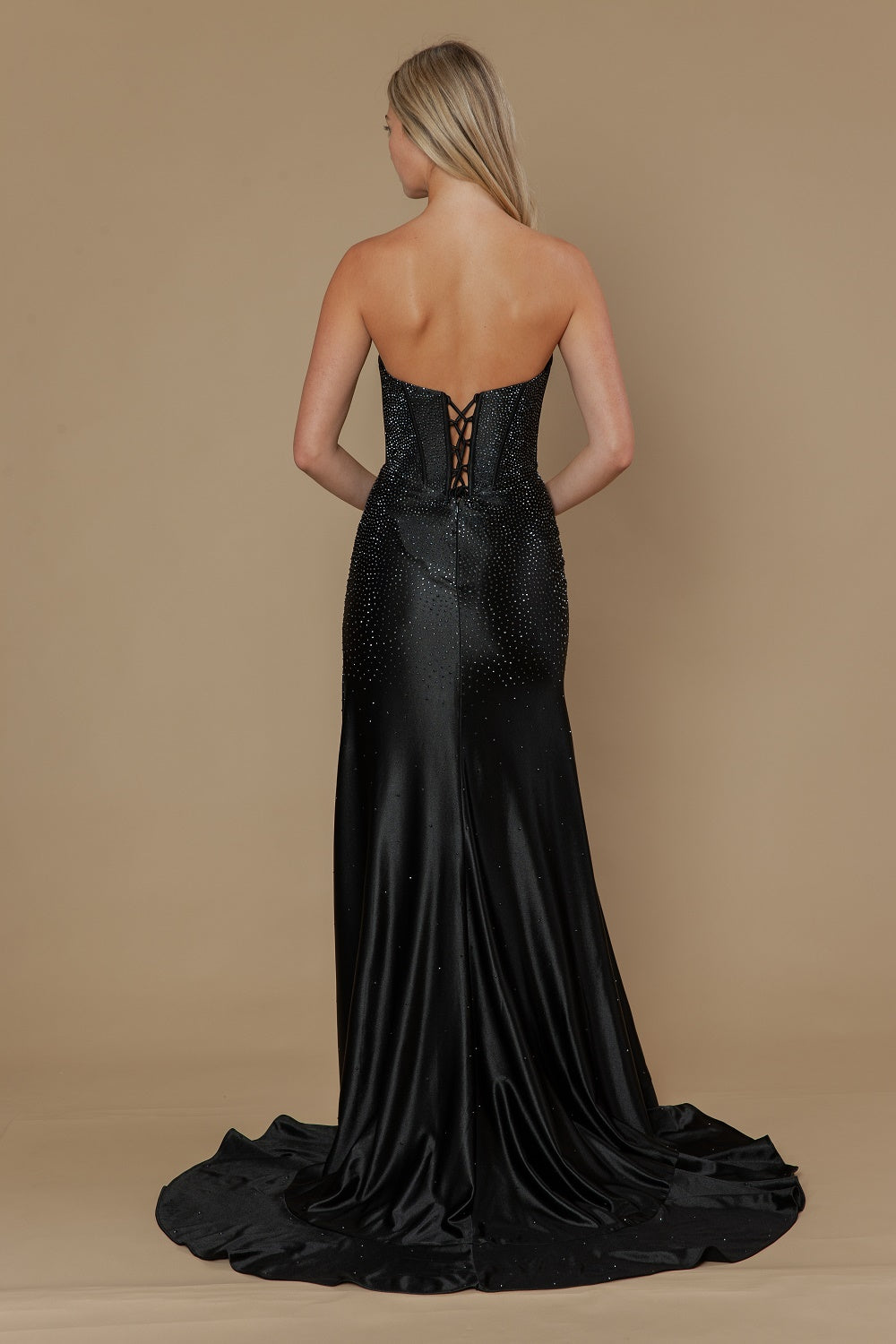 Beaded Strapless Ruffled Slit Gown by Poly USA 25120