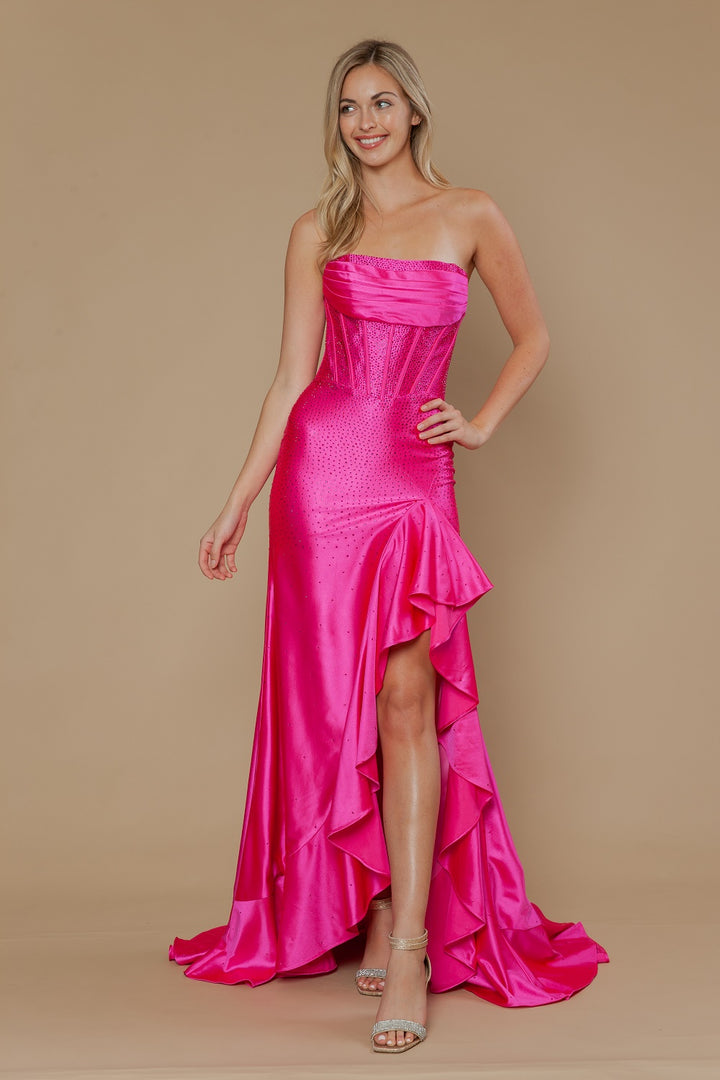 Beaded Strapless Ruffled Slit Gown by Poly USA 25120