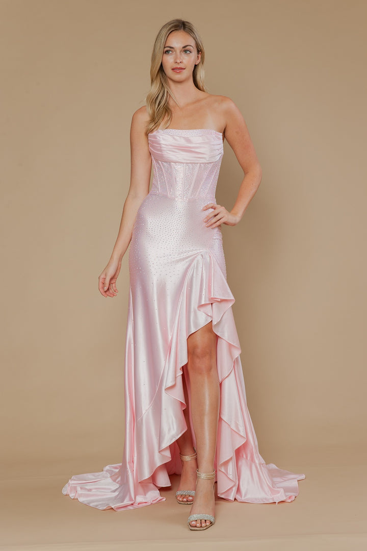 Beaded Strapless Ruffled Slit Gown by Poly USA 25120