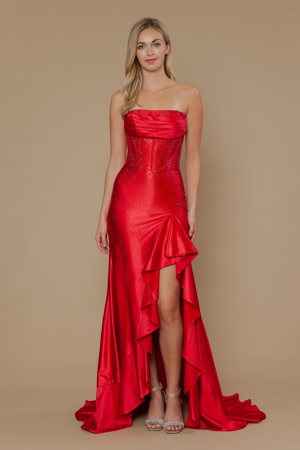 Beaded Strapless Ruffled Slit Gown by Poly USA 25120