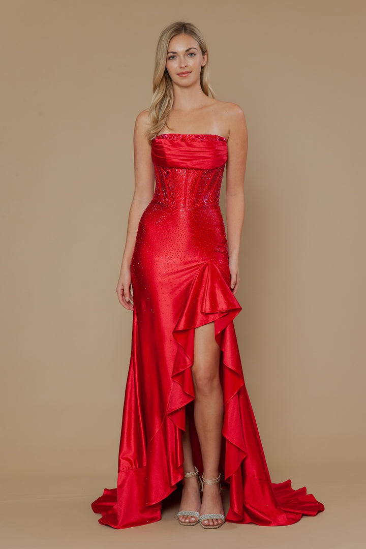 Beaded Strapless Ruffled Slit Gown by Poly USA 25120