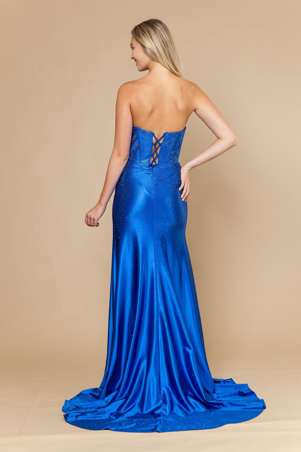 Beaded Strapless Ruffled Slit Gown by Poly USA 25120