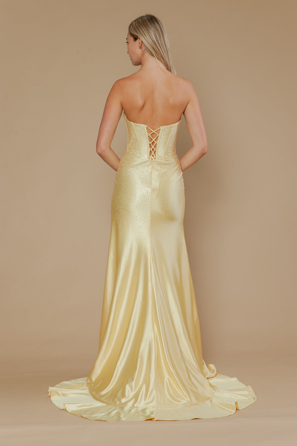 Beaded Strapless Ruffled Slit Gown by Poly USA 25120