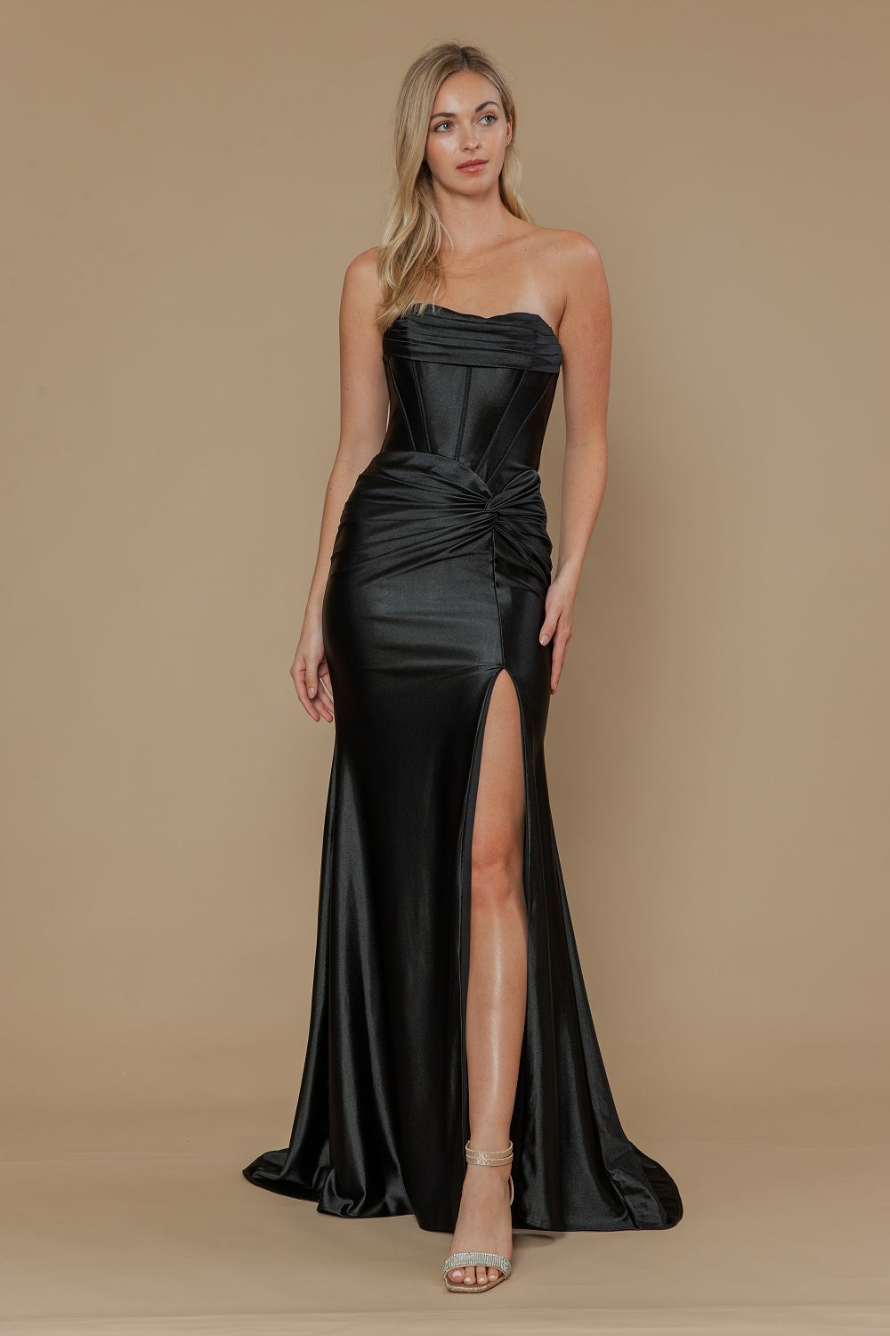 Satin Fitted Strapless Slit Gown by Poly USA 25124