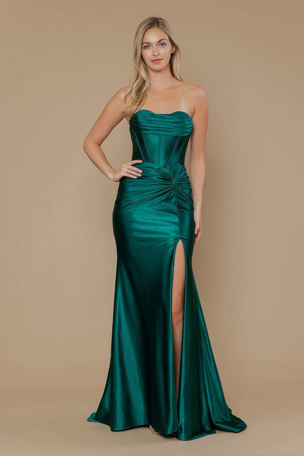 Satin Fitted Strapless Slit Gown by Poly USA 25124