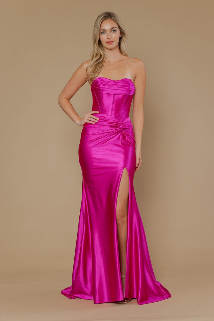 Satin Fitted Strapless Slit Gown by Poly USA 25124