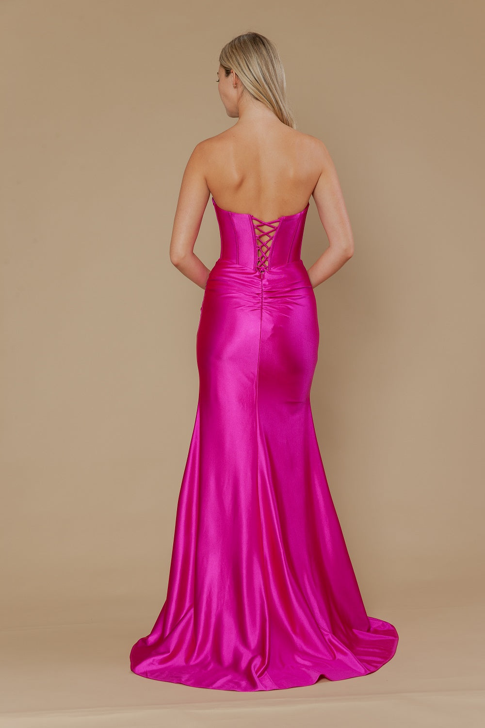 Satin Fitted Strapless Slit Gown by Poly USA 25124