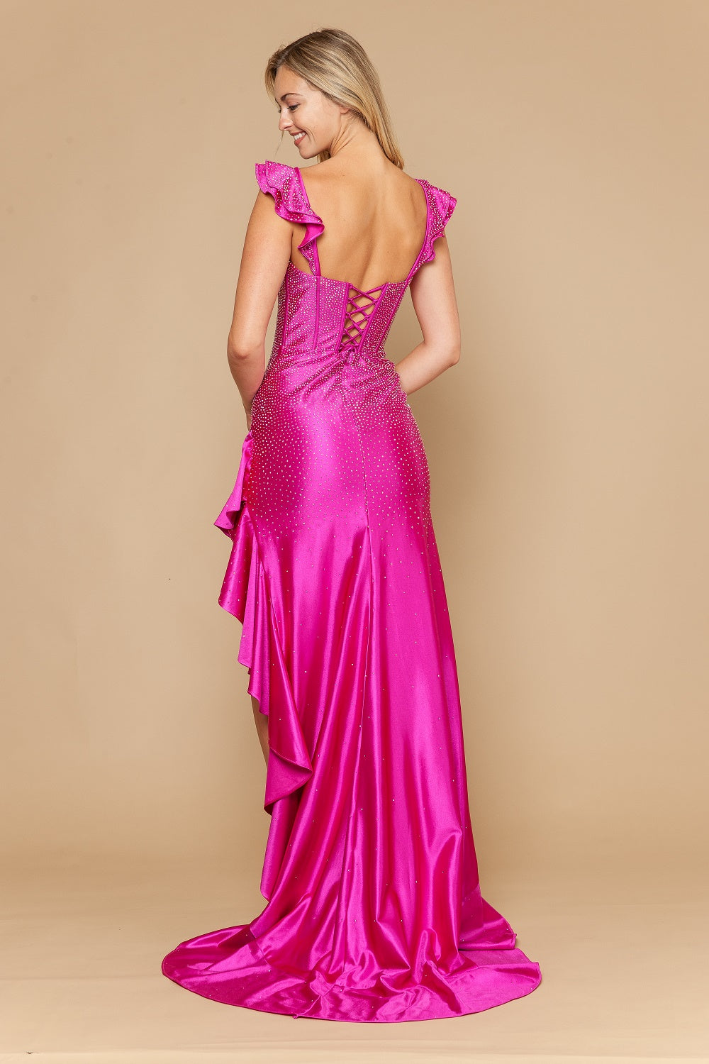 Satin Sleeveless Ruffled Slit Gown by Poly USA 25126