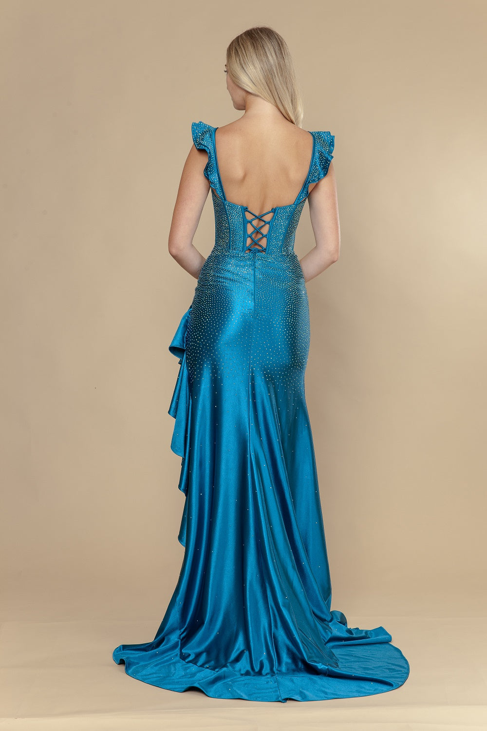 Satin Sleeveless Ruffled Slit Gown by Poly USA 25126