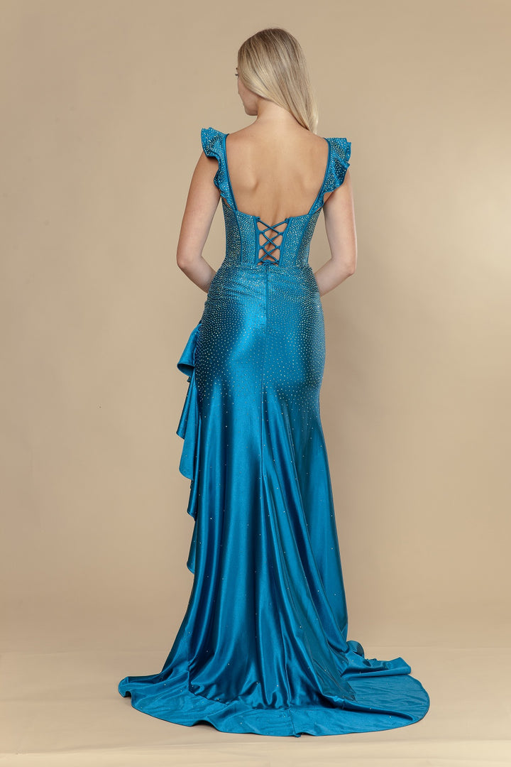 Satin Sleeveless Ruffled Slit Gown by Poly USA 25126