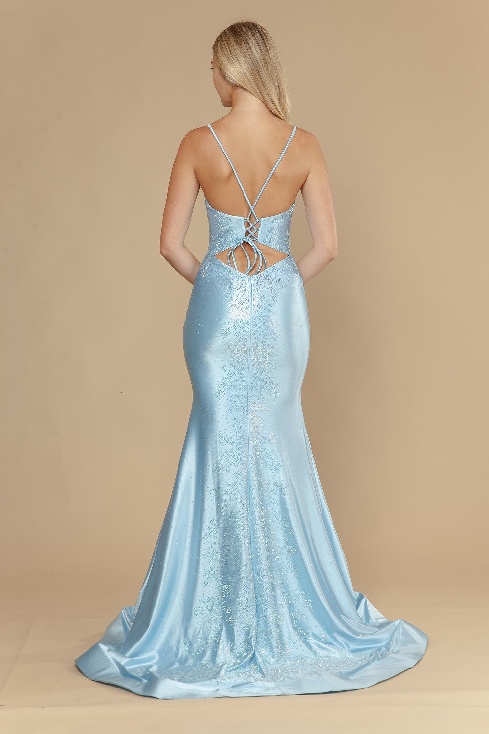 Beaded Satin Fitted V-Neck Gown by Poly USA 25128