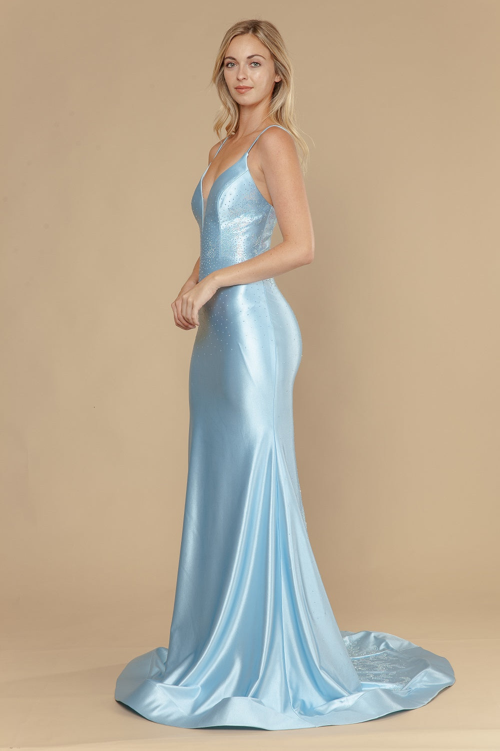 Beaded Satin Fitted V-Neck Gown by Poly USA 25128