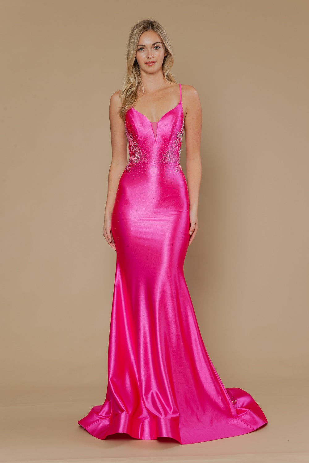 Beaded Satin Fitted V-Neck Gown by Poly USA 25128