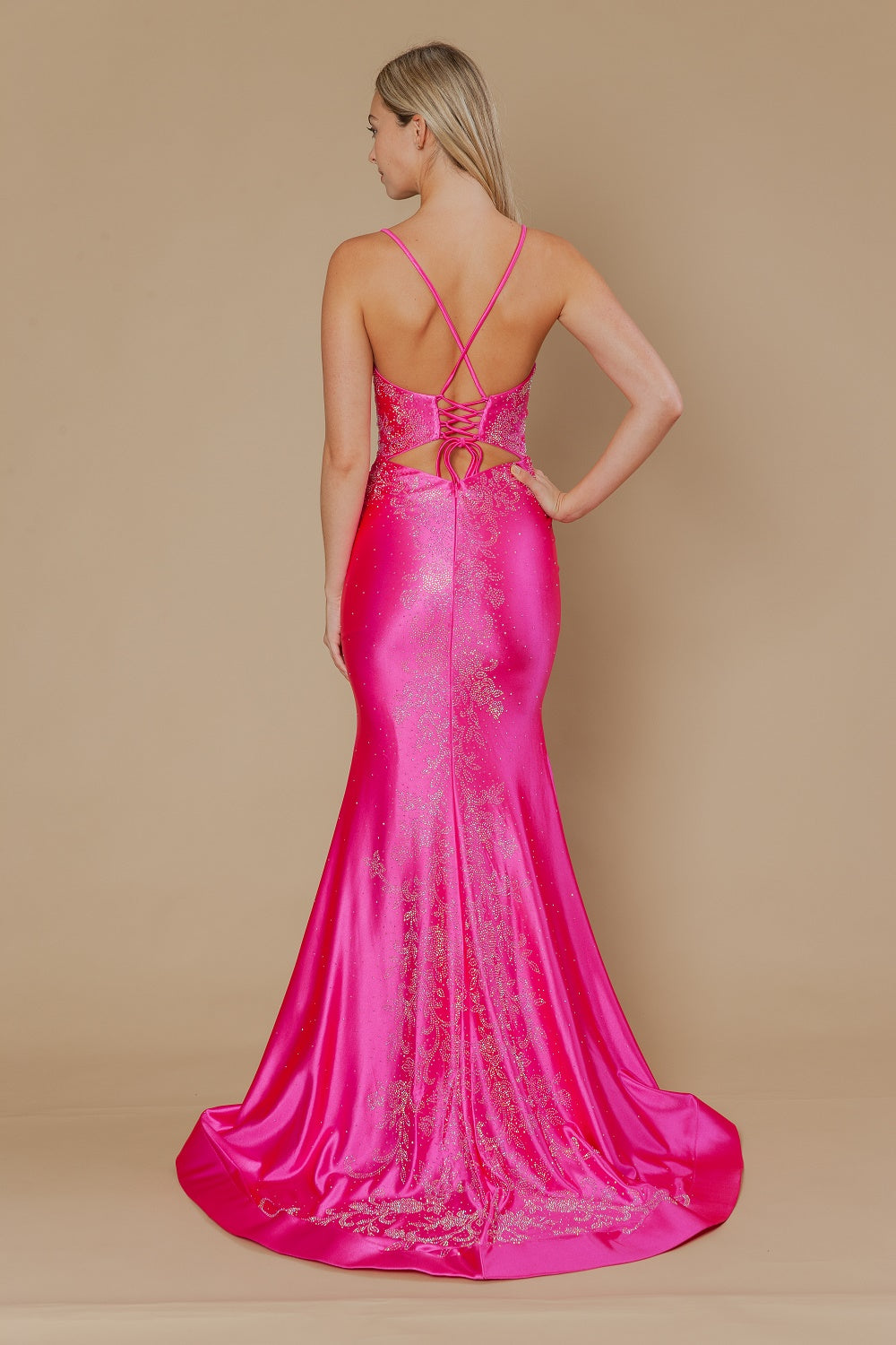 Beaded Satin Fitted V-Neck Gown by Poly USA 25128